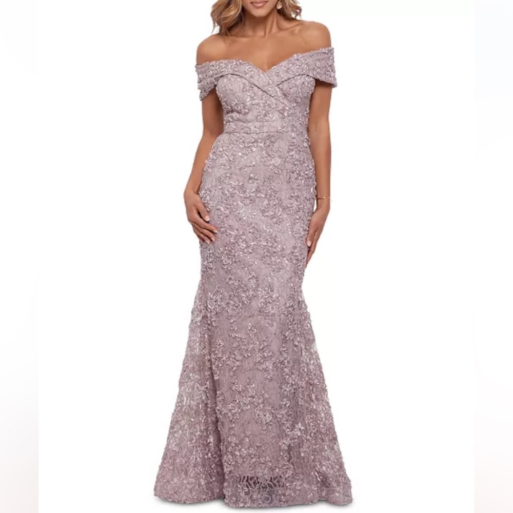 XSCAPE OFF THE SHOULDER LACE GOWN